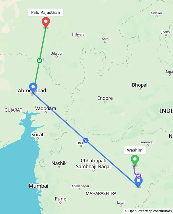 Route map showing distance and travel time from Washim, India to Pali, Rajasthan, India