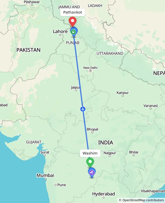 Route map showing distance and travel time from Washim, India to Pathankot, India