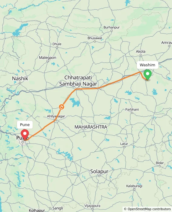 Route map showing distance and travel time from Washim, India to Pune, India