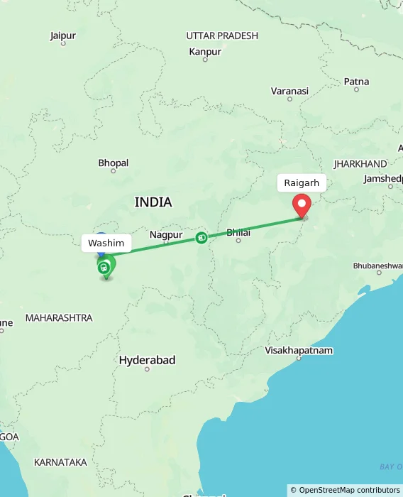 Route map showing distance and travel time from Washim, India to Raigarh, India