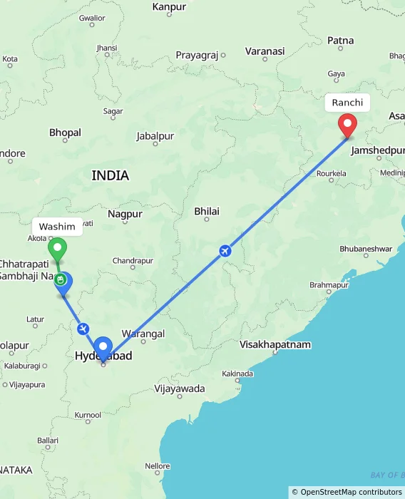 Route map showing distance and travel time from Washim, India to Ranchi, India