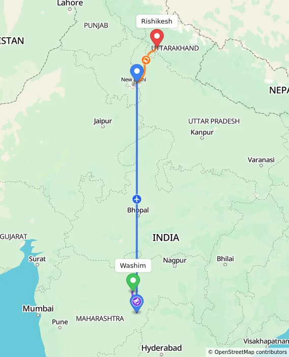 Route map showing distance and travel time from Washim, India to Rishikesh, India