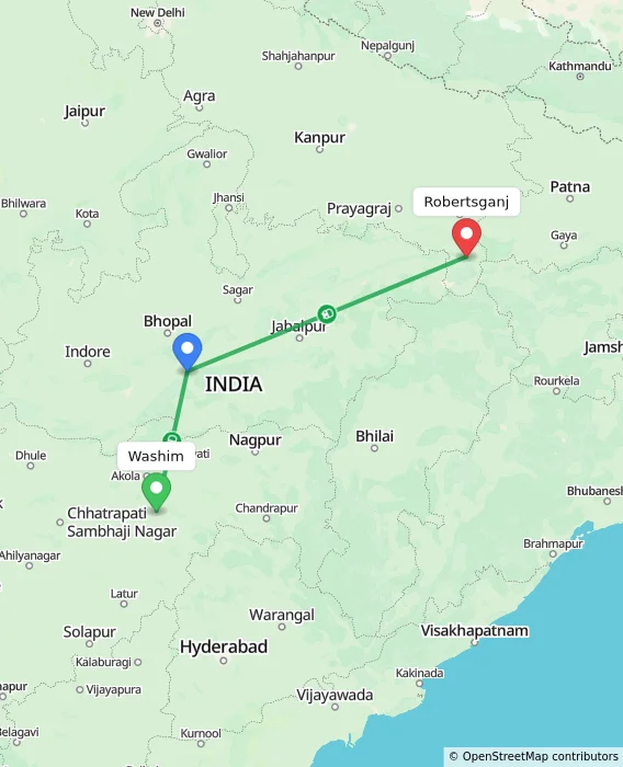 Route map showing distance and travel time from Washim, India to Robertsganj, India