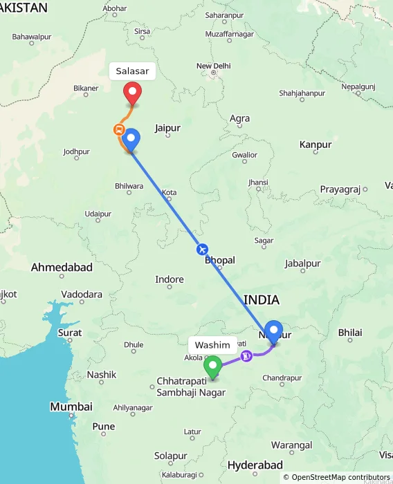 Route map showing distance and travel time from Washim, India to Salasar, India