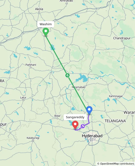 Route map showing distance and travel time from Washim, India to Sangareddy, India