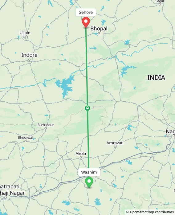 Route map showing distance and travel time from Washim, India to Sehore, India