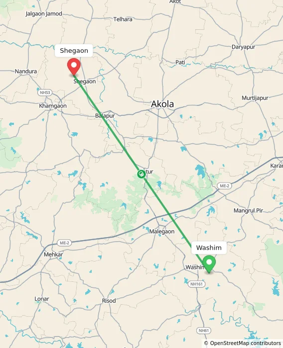 Route map showing distance and travel time from Washim, India to Shegaon, India