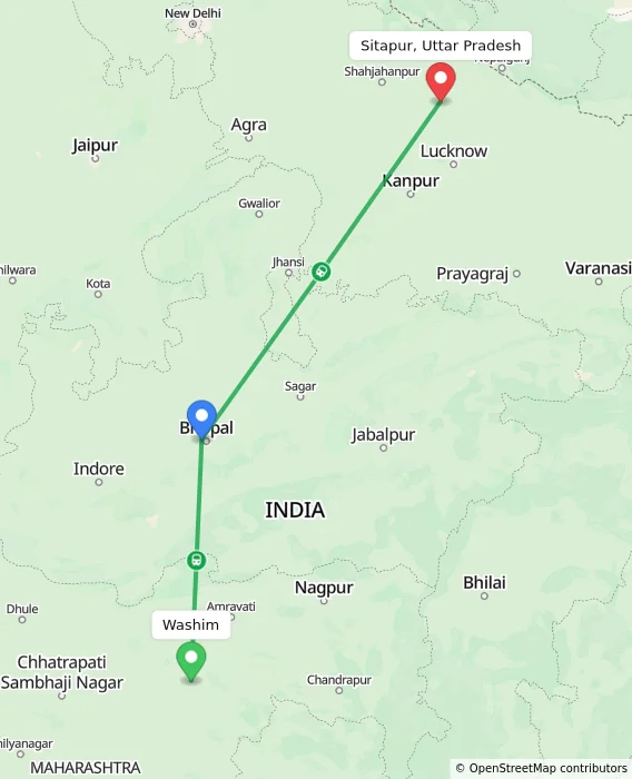 Route map showing distance and travel time from Washim, India to Sitapur, Uttar Pradesh, India