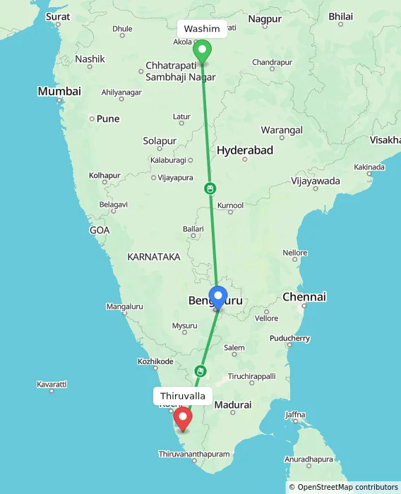 Route map showing distance and travel time from Washim, India to Thiruvalla, India