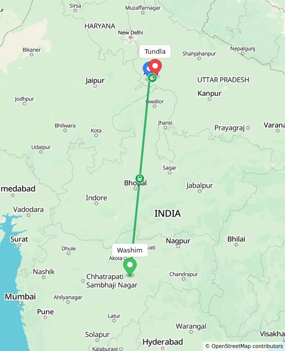 Route map showing distance and travel time from Washim, India to Tundla, India