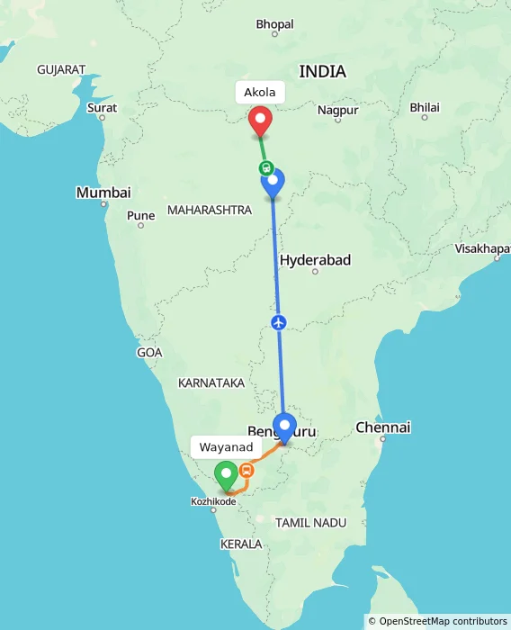 Route map showing distance and travel time from Wayanad, India to Akola, India