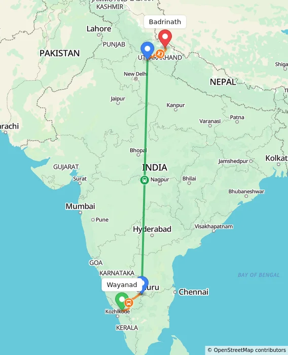 Route map showing distance and travel time from Wayanad, India to Badrinath, India