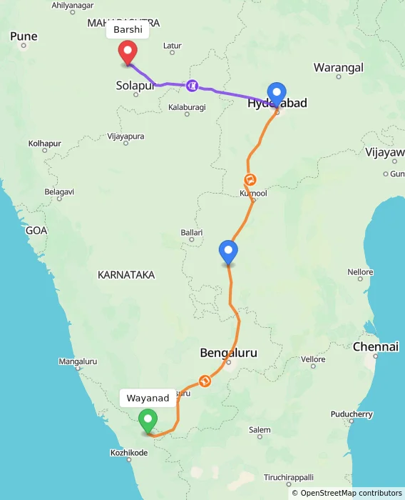 Route map showing distance and travel time from Wayanad, India to Barshi, India
