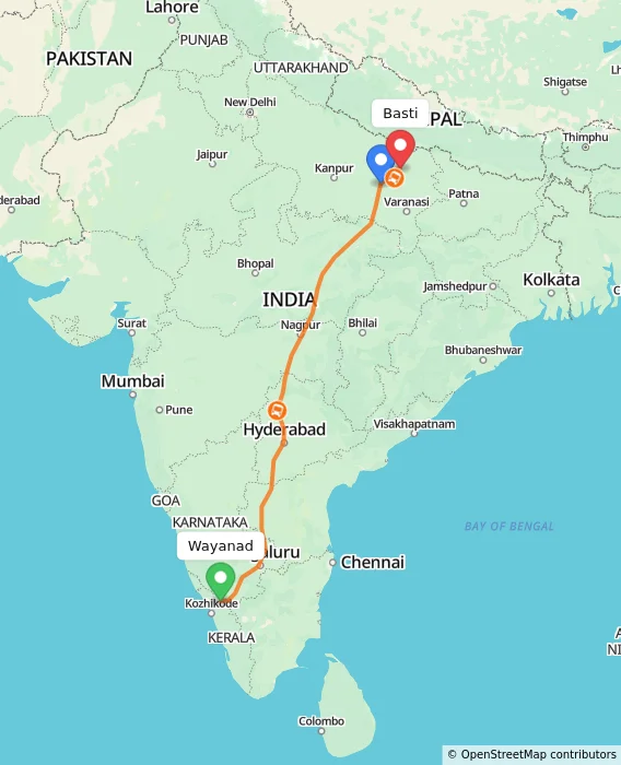 Route map showing distance and travel time from Wayanad, India to Basti, India