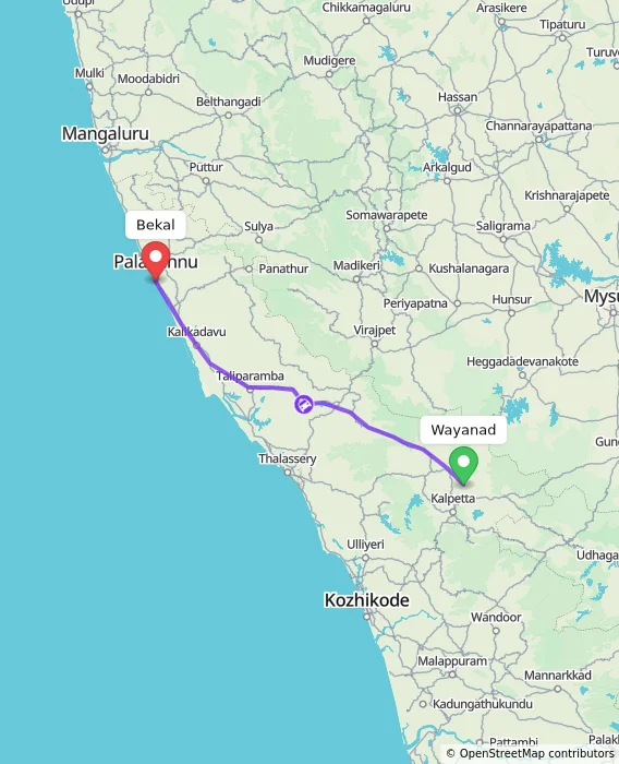 Route map showing distance and travel time from Wayanad, India to Bekal, India