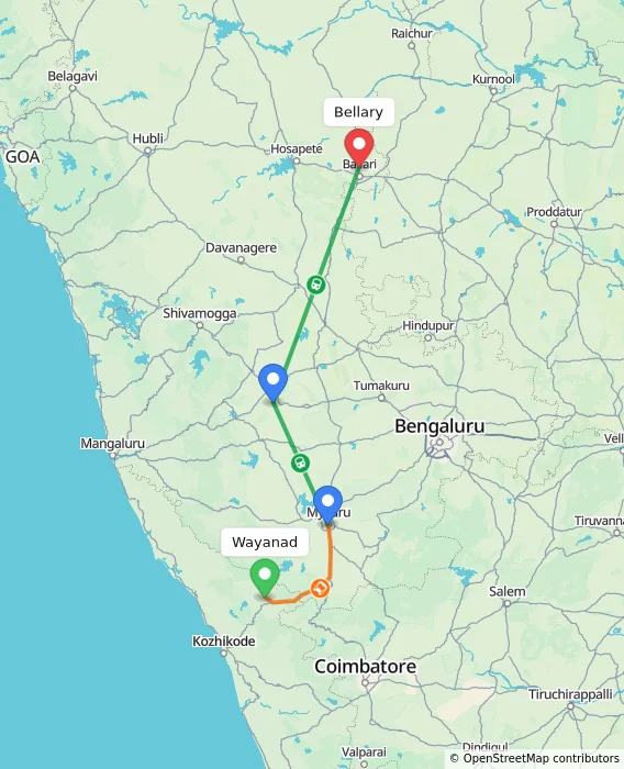Route map showing distance and travel time from Wayanad, India to Bellary, India