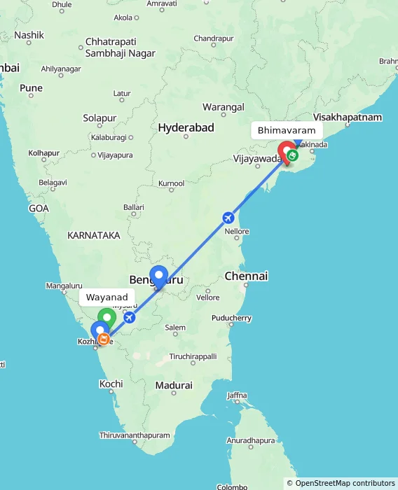 Route map showing distance and travel time from Wayanad, India to Bhimavaram, India