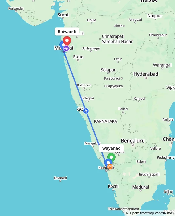 Route map showing distance and travel time from Wayanad, India to Bhiwandi, India