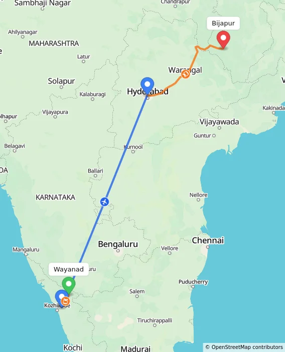 Route map showing distance and travel time from Wayanad, India to Bijapur, India