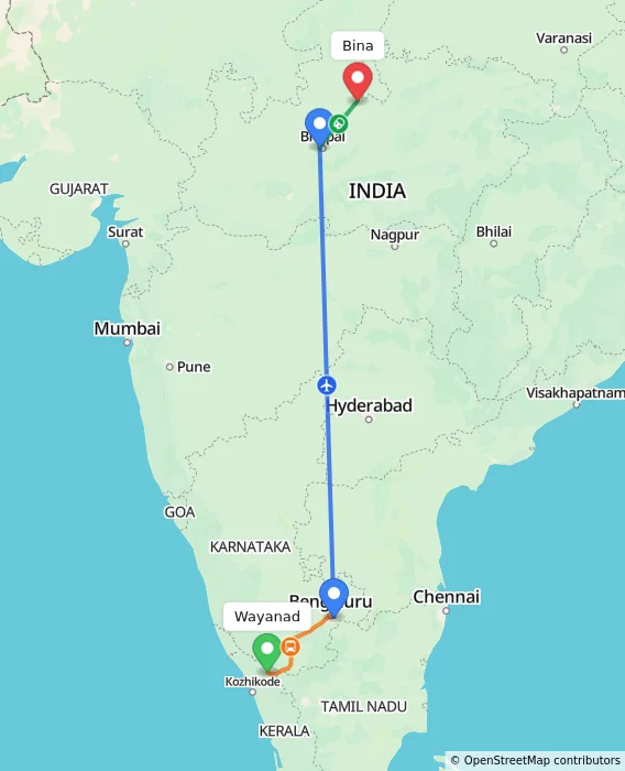 Route map showing distance and travel time from Wayanad, India to Bina, India