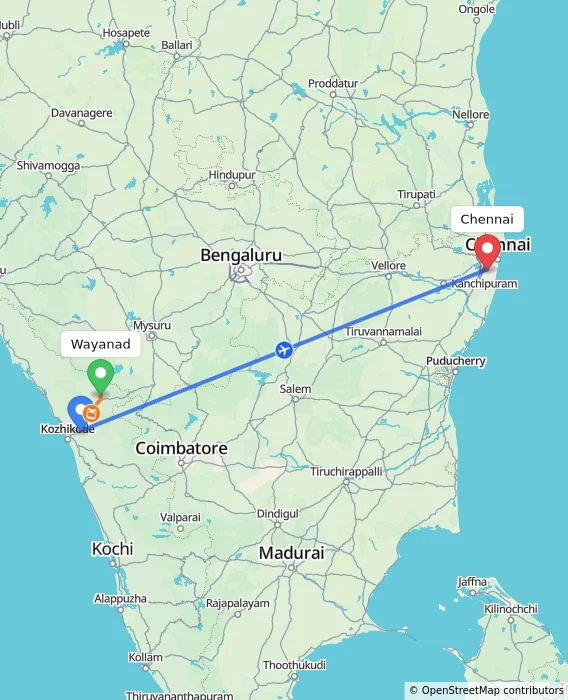 Route map showing distance and travel time from Wayanad, India to Chennai, India