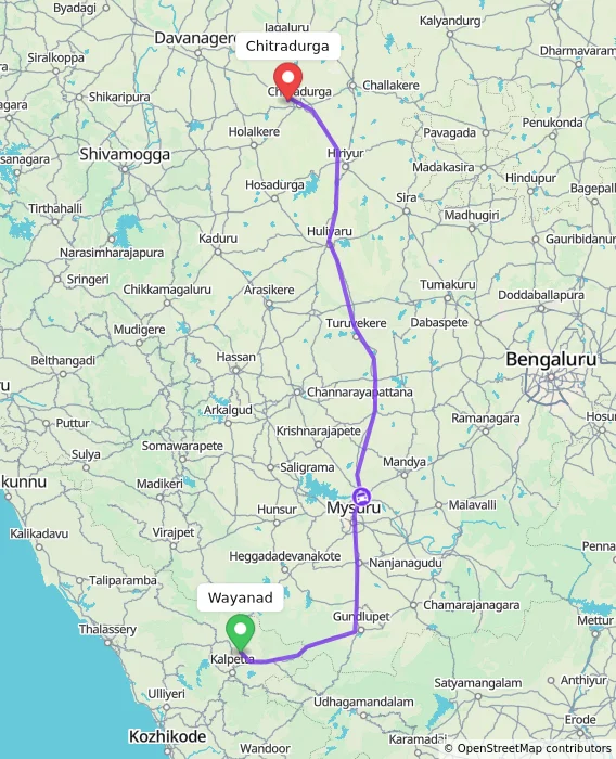 Route map showing distance and travel time from Wayanad, India to Chitradurga, India