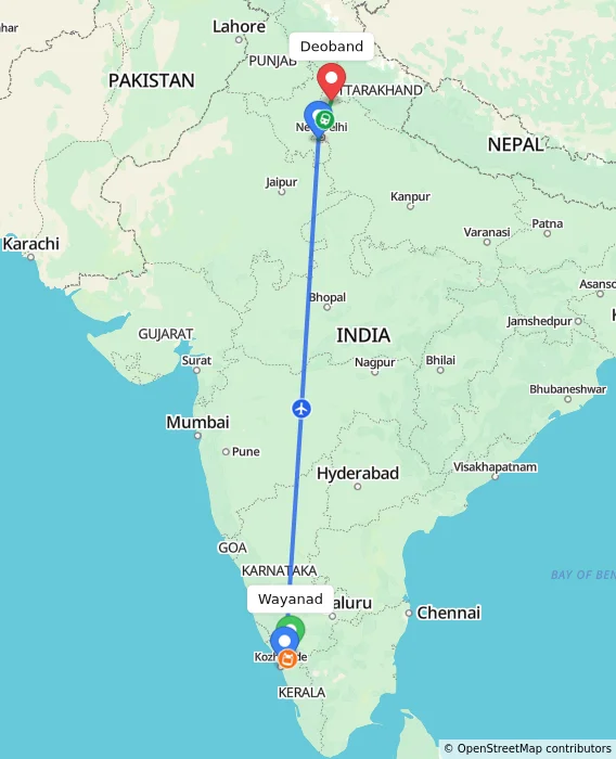 Route map showing distance and travel time from Wayanad, India to Deoband, India