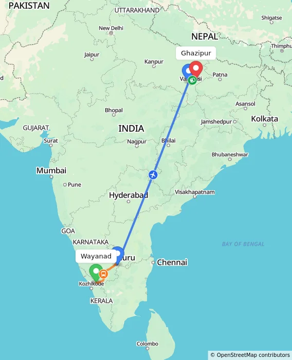 Route map showing distance and travel time from Wayanad, India to Ghazipur, India