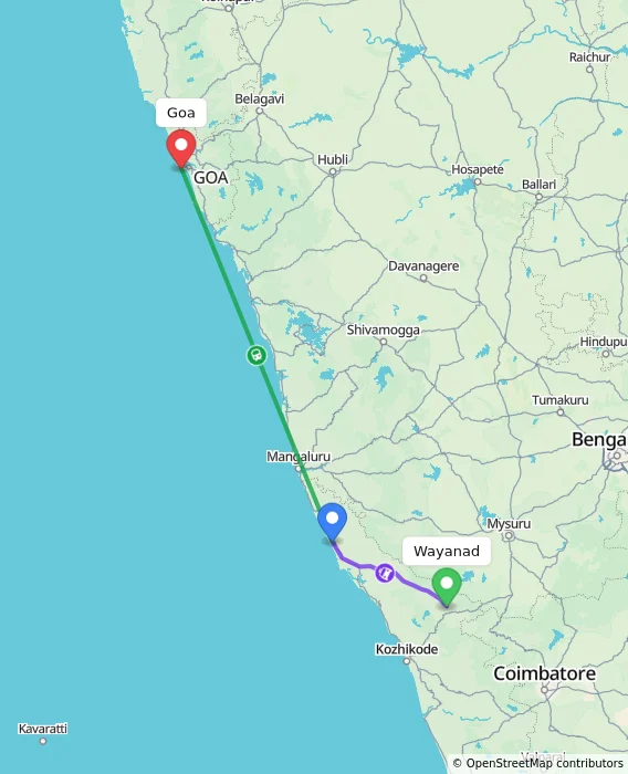 Route map showing distance and travel time from Wayanad, India to Goa, India
