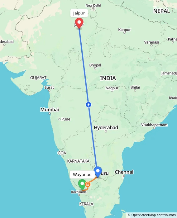 Route map showing distance and travel time from Wayanad, India to Jaipur, India