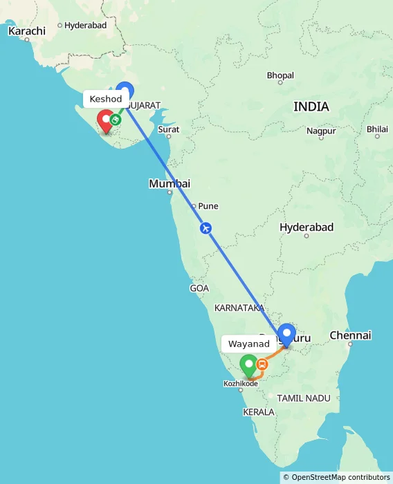 Route map showing distance and travel time from Wayanad, India to Keshod, India
