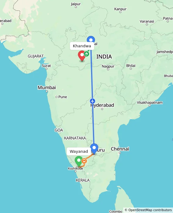 Route map showing distance and travel time from Wayanad, India to Khandwa, India
