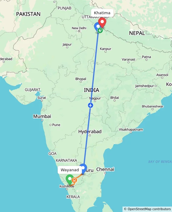 Route map showing distance and travel time from Wayanad, India to Khatima, India