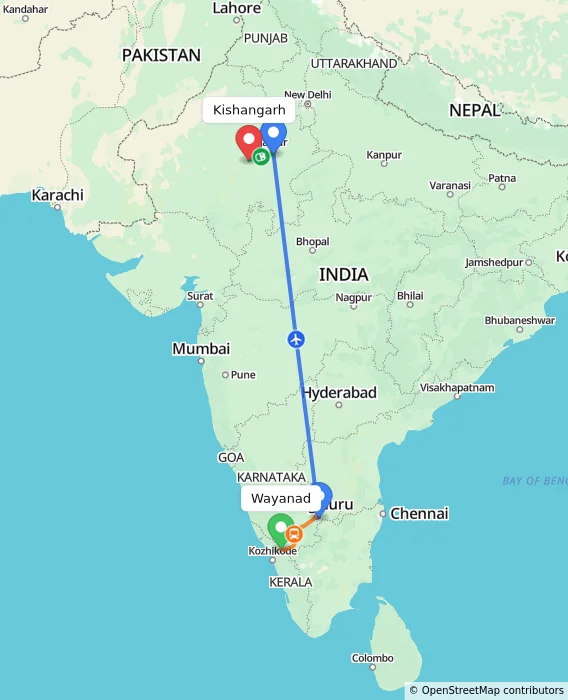 Route map showing distance and travel time from Wayanad, India to Kishangarh, India