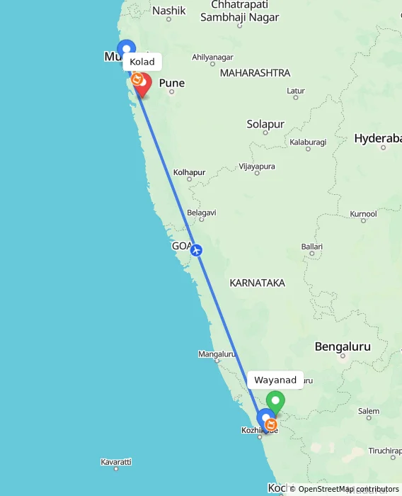 Route map showing distance and travel time from Wayanad, India to Kolad, India