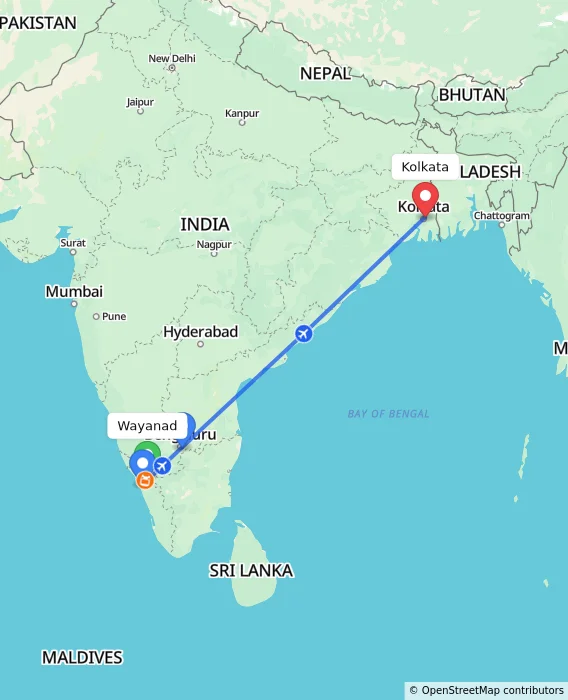 Route map showing distance and travel time from Wayanad, India to Kolkata, India