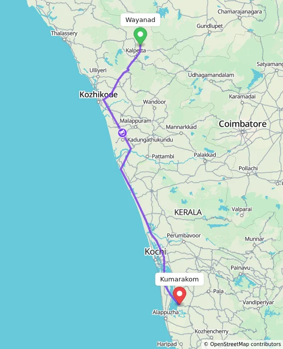 Route map showing distance and travel time from Wayanad, India to Kumarakom, India