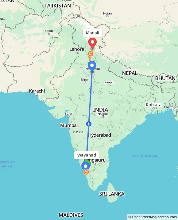 Route map showing distance and travel time from Wayanad, India to Manali, India
