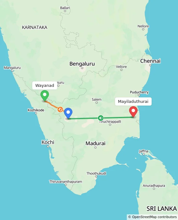 Route map showing distance and travel time from Wayanad, India to Mayiladuthurai, India