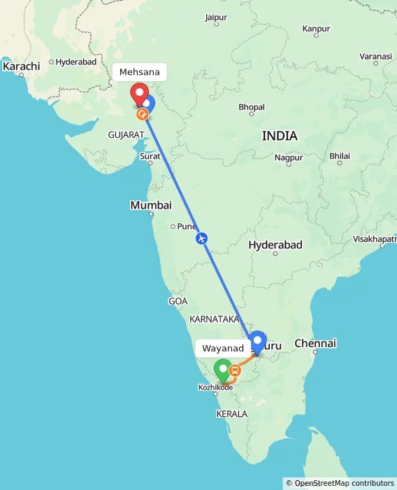 Route map showing distance and travel time from Wayanad, India to Mehsana, India