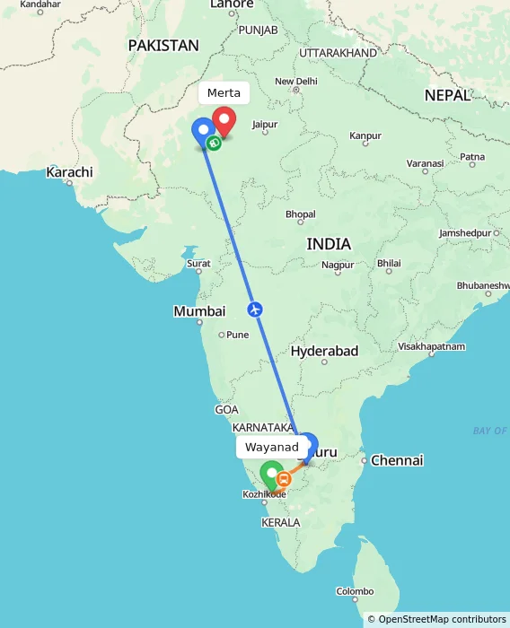 Route map showing distance and travel time from Wayanad, India to Merta, India