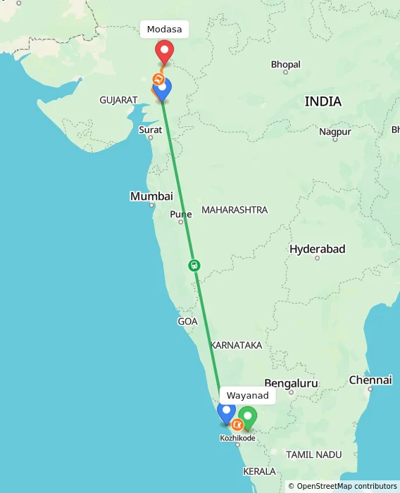 Route map showing distance and travel time from Wayanad, India to Modasa, India