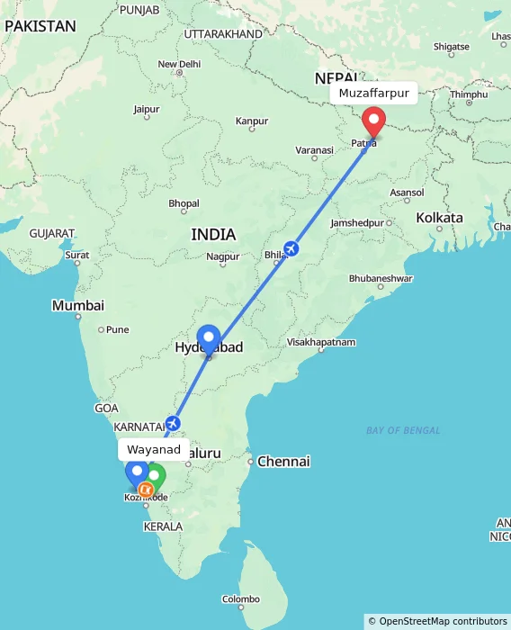 Route map showing distance and travel time from Wayanad, India to Muzaffarpur, India