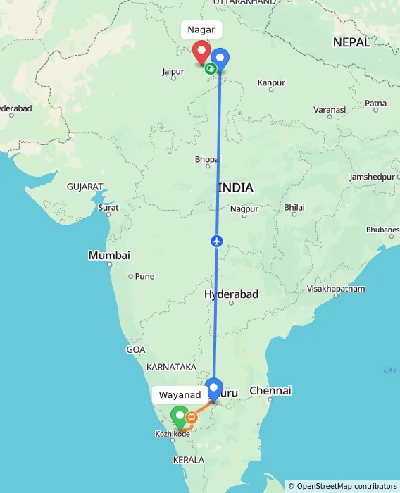 Route map showing distance and travel time from Wayanad, India to Nagar, India