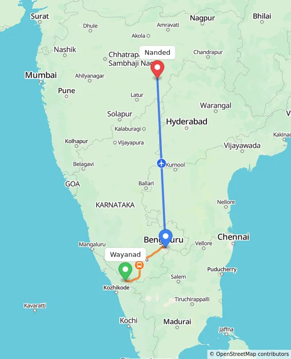 Route map showing distance and travel time from Wayanad, India to Nanded, India