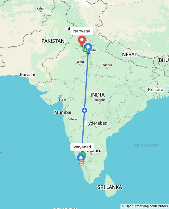 Route map showing distance and travel time from Wayanad, India to Narwana, India