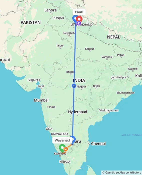 Route map showing distance and travel time from Wayanad, India to Pauri, India