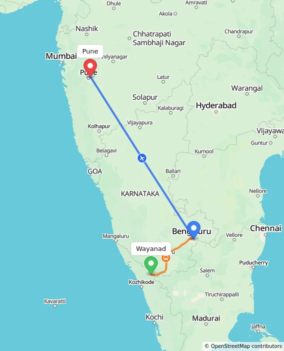 Route map showing distance and travel time from Wayanad, India to Pune, India