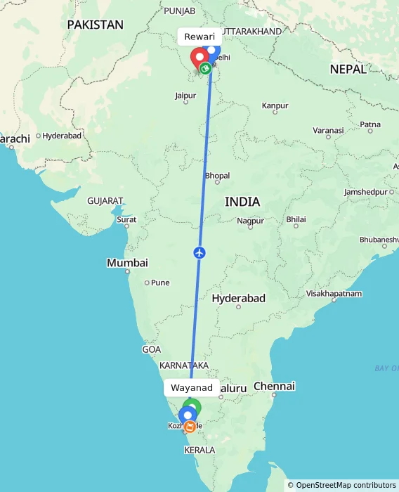 Route map showing distance and travel time from Wayanad, India to Rewari, India