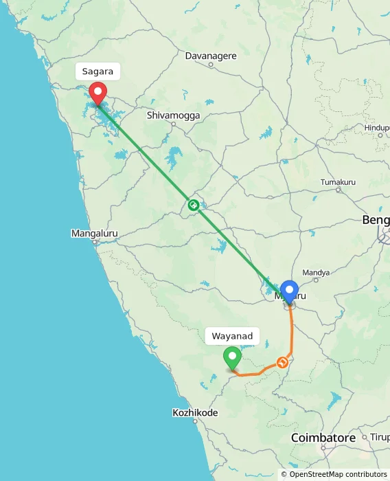 Route map showing distance and travel time from Wayanad, India to Sagara, India